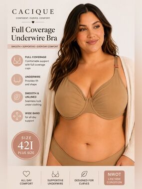 Cacique Full Coverage Underwire Bra 42I Nude Beige Smooth Unlined NWT Plus Size